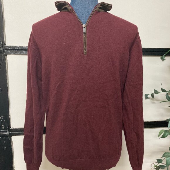 Men's Massimo Dutti Cotton/Cashmere Blend Burgundy Sweater w/Leather, Small - Picture 1 of 5